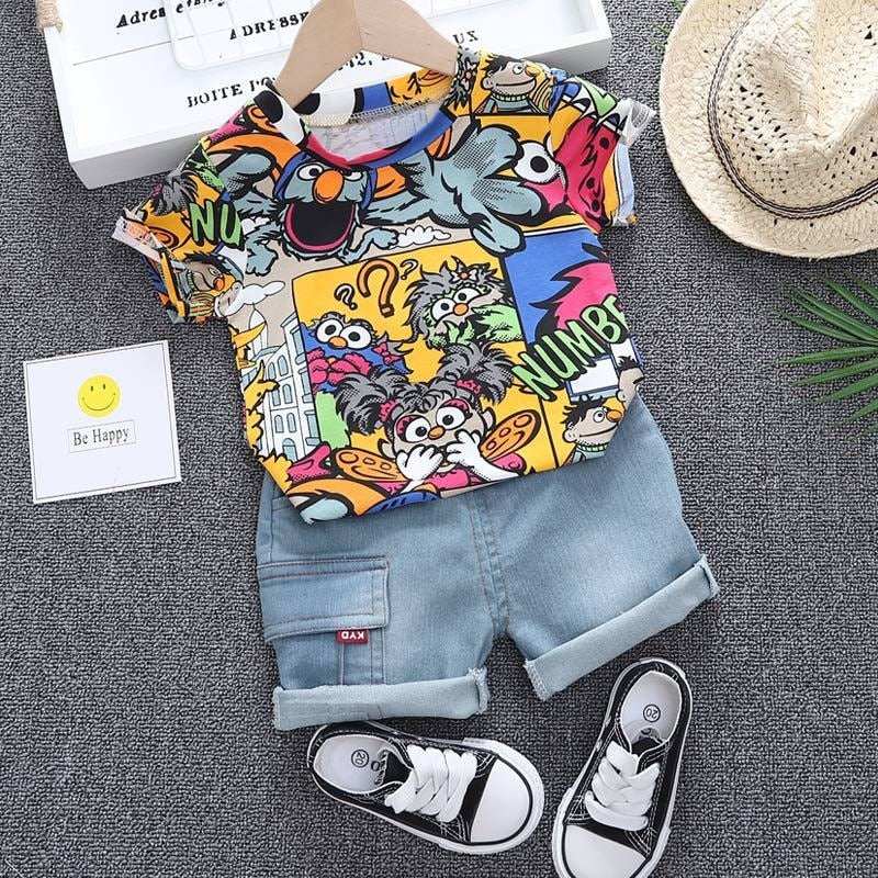Cool Kid Boys Summer Clothes Outfit With Sunhat Fashion Graffiti Short-sleeved T-shirt Denim Shorts Set Children Pants Clothing