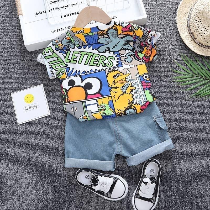 Cool Kid Boys Summer Clothes Outfit With Sunhat Fashion Graffiti Short-sleeved T-shirt Denim Shorts Set Children Pants  Clothing