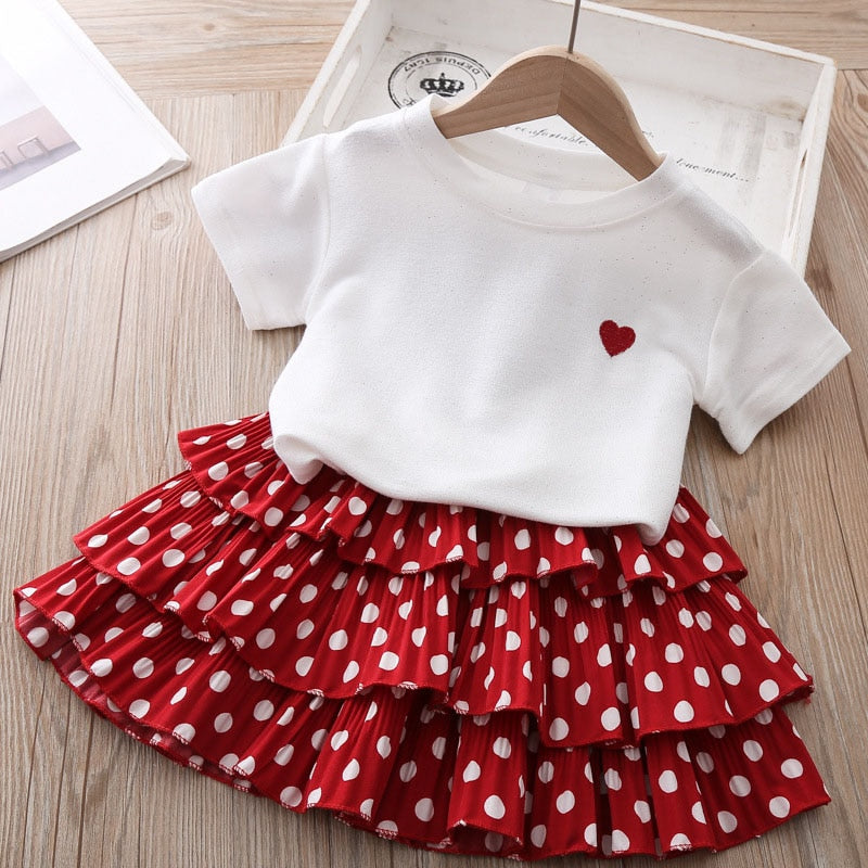 Bear Leader Toddler Kids Baby Girl Print White Blouse Polka Dot Skirts Summer Short Sleeve 2PCS Infant Girl Clothes 3-7 Years